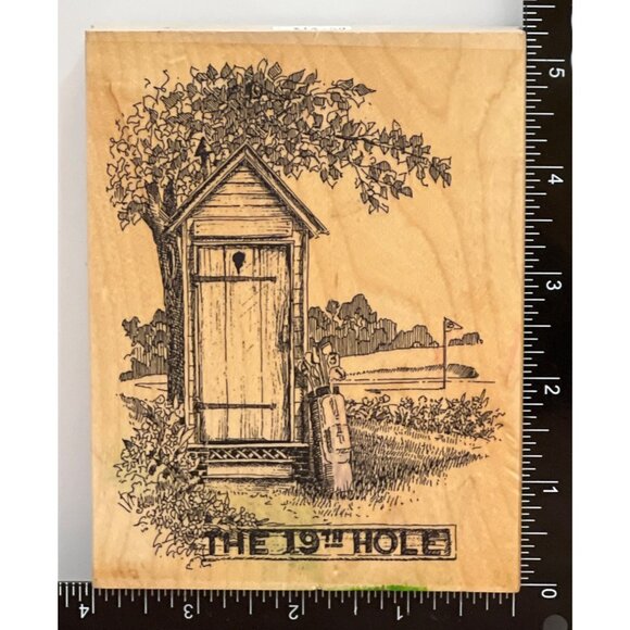 IMPRESSION OBSESSION K1034 19TH HOLE WOOD MOUNTED RUBBER STAMP GOLF OUTHOUSE - Picture 2 of 6